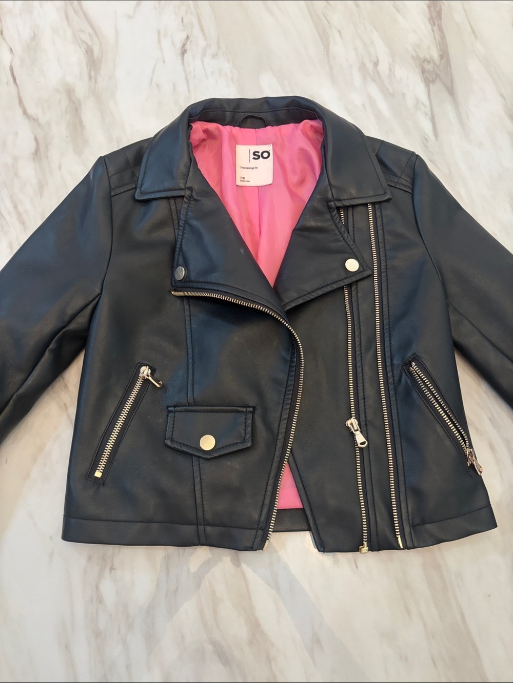 SO Black Faux Leather Biker Jacket with Pink Lining